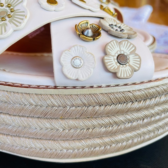 Coach Metallic white espadrille platform sandals with metallic flower studs. - Picture 10 of 11